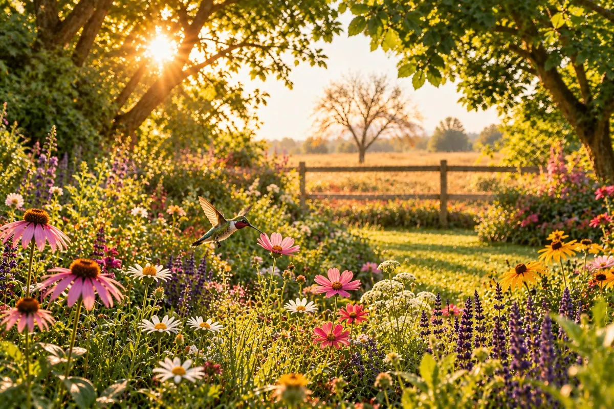 Un jardin fleuri à la lumière du soir, avec un colibri en vol devant des fleurs roses, blanches et violettes