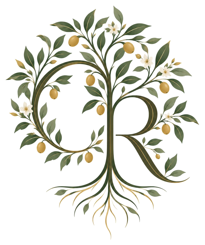 Logo de Caroline Ravet : les lettres C et R formant un arbre aux racines dorées, entouré de feuilles, de fleurs et de fruits